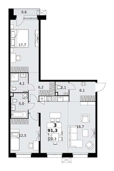 Планировка 3-комнатная квартира в ЖК "Дзен-кварталы"
