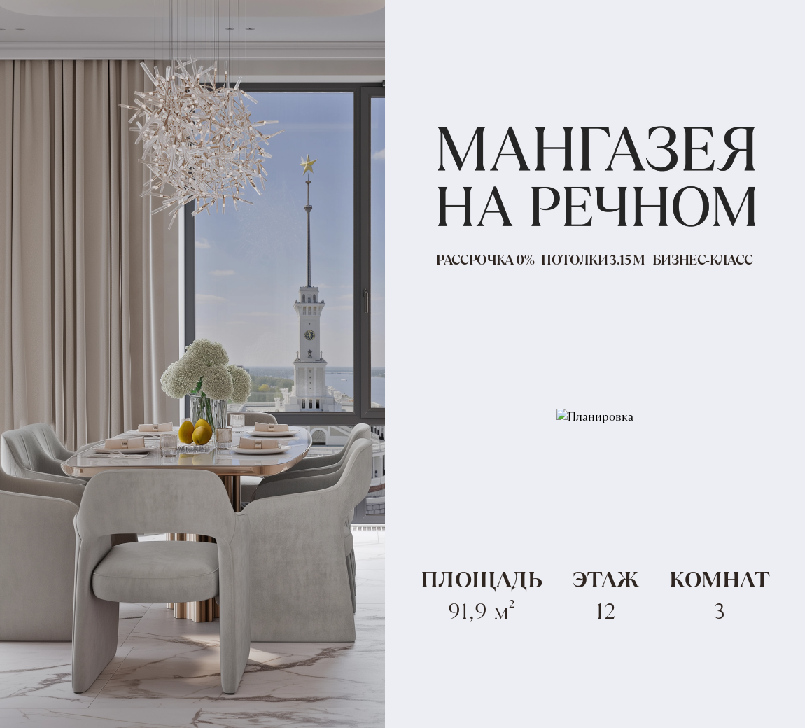 Планировка 3-комнатная квартира в ЖК "Мангазея на Речном"