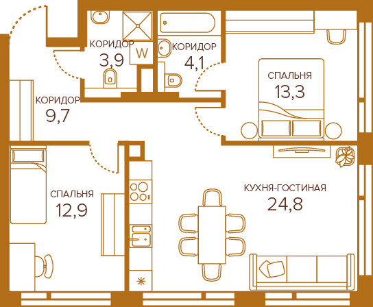 Планировка 2-комнатная квартира в ЖК Champine (Шампайн)
