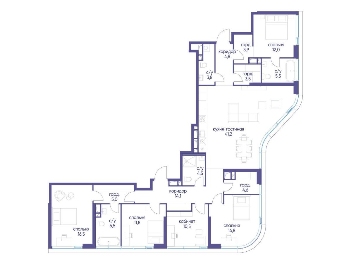 Планировка 5-комнатная квартира в ЖК "Остров"