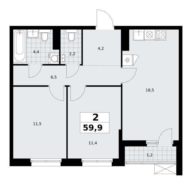 Планировка 2-комнатная квартира в ЖК "Прокшино"