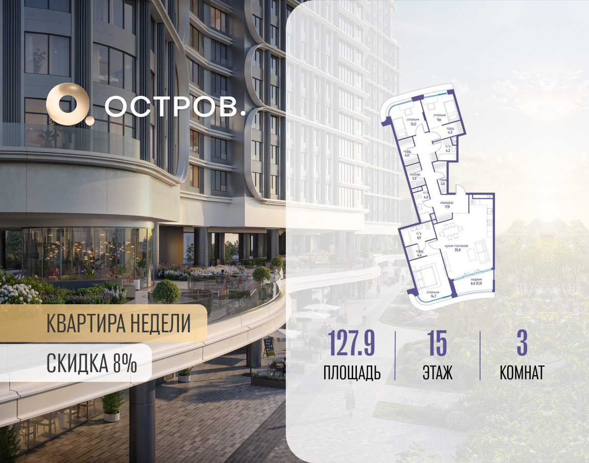 Планировка 3-комнатная квартира в ЖК "Остров"