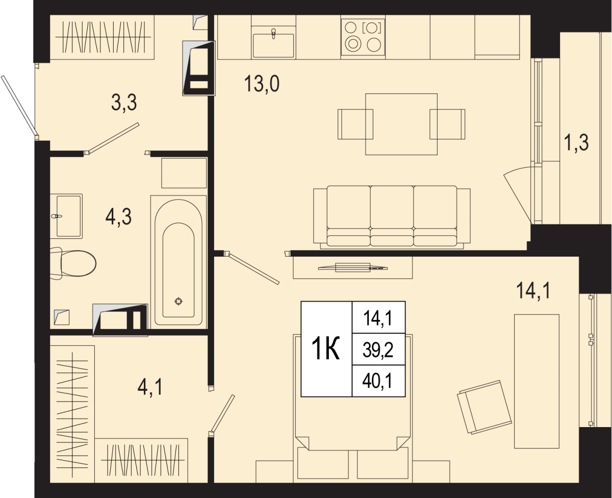 Планировка 1-комнатная квартира в ЖК "Новая Щербинка"
