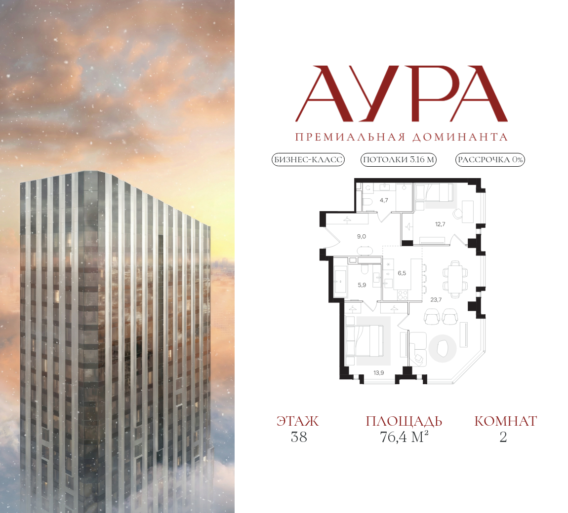 Планировка 2-комнатная квартира в ЖК "АУРА" (Мангазея на Тульской)