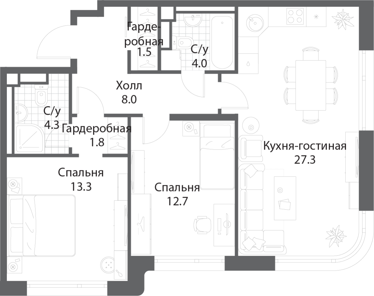 Планировка 2-комнатная квартира в ЖК Nagatino i-Land (Нагатино ай-лэнд)