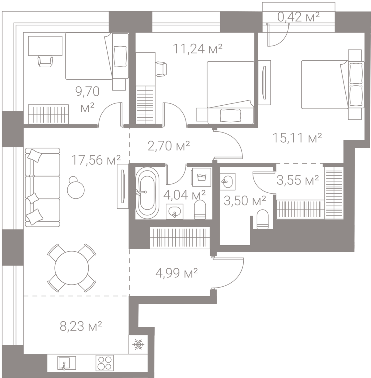 Планировка 3-комнатная квартира в Жилой квартал "Лайф Варшавская" (LIFE Варшавская)