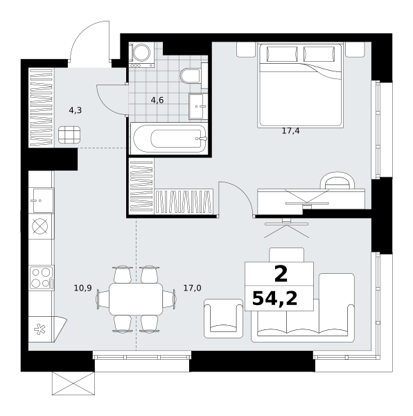 Планировка 2-комнатная квартира в ЖК "Дзен-кварталы"
