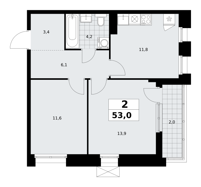 Планировка 2-комнатная квартира в ЖК "Прокшино"