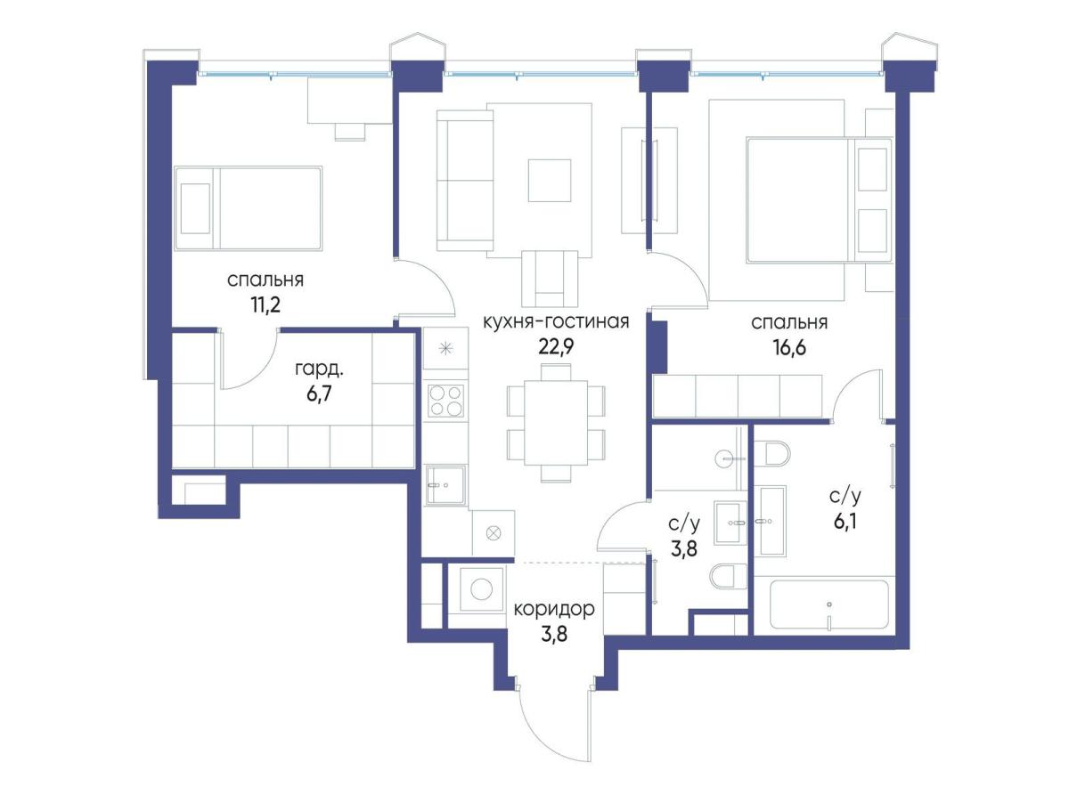Планировка 2-комнатная квартира в ЖК "Остров"