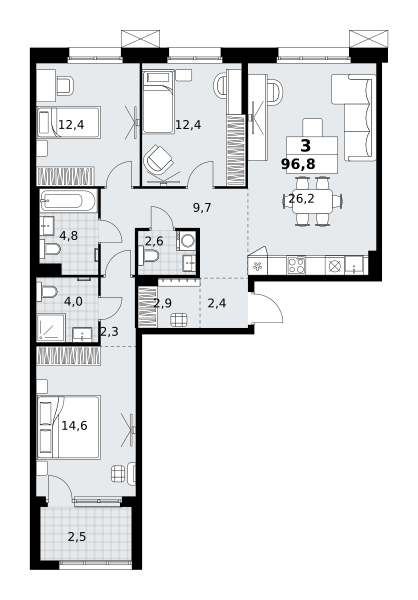 Планировка 3-комнатная квартира в ЖК "Дзен-кварталы"