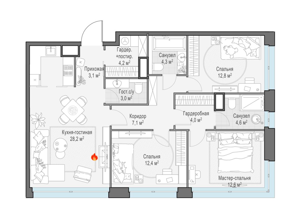 Планировка 4-комнатная квартира в ЖК West Garden (Вест Гарден)