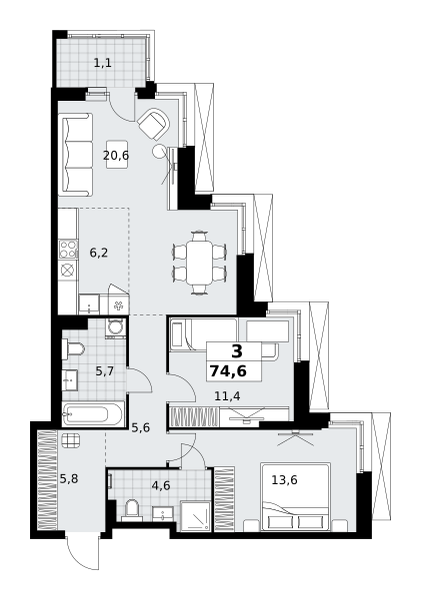 Планировка 3-комнатная квартира в ЖК "Дзен-кварталы"