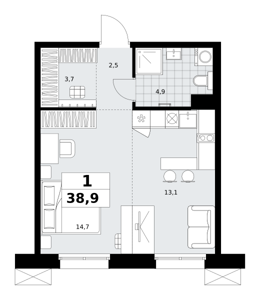 Планировка 1-комнатная квартира в ЖК "Дзен-кварталы"