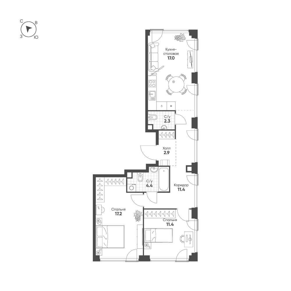 Планировка 2-комнатная квартира в ЖК Shagal (Шагал)
