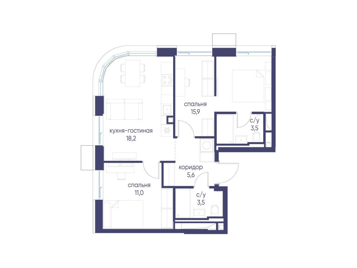 Планировка 2-комнатная квартира в ЖК "Символ"