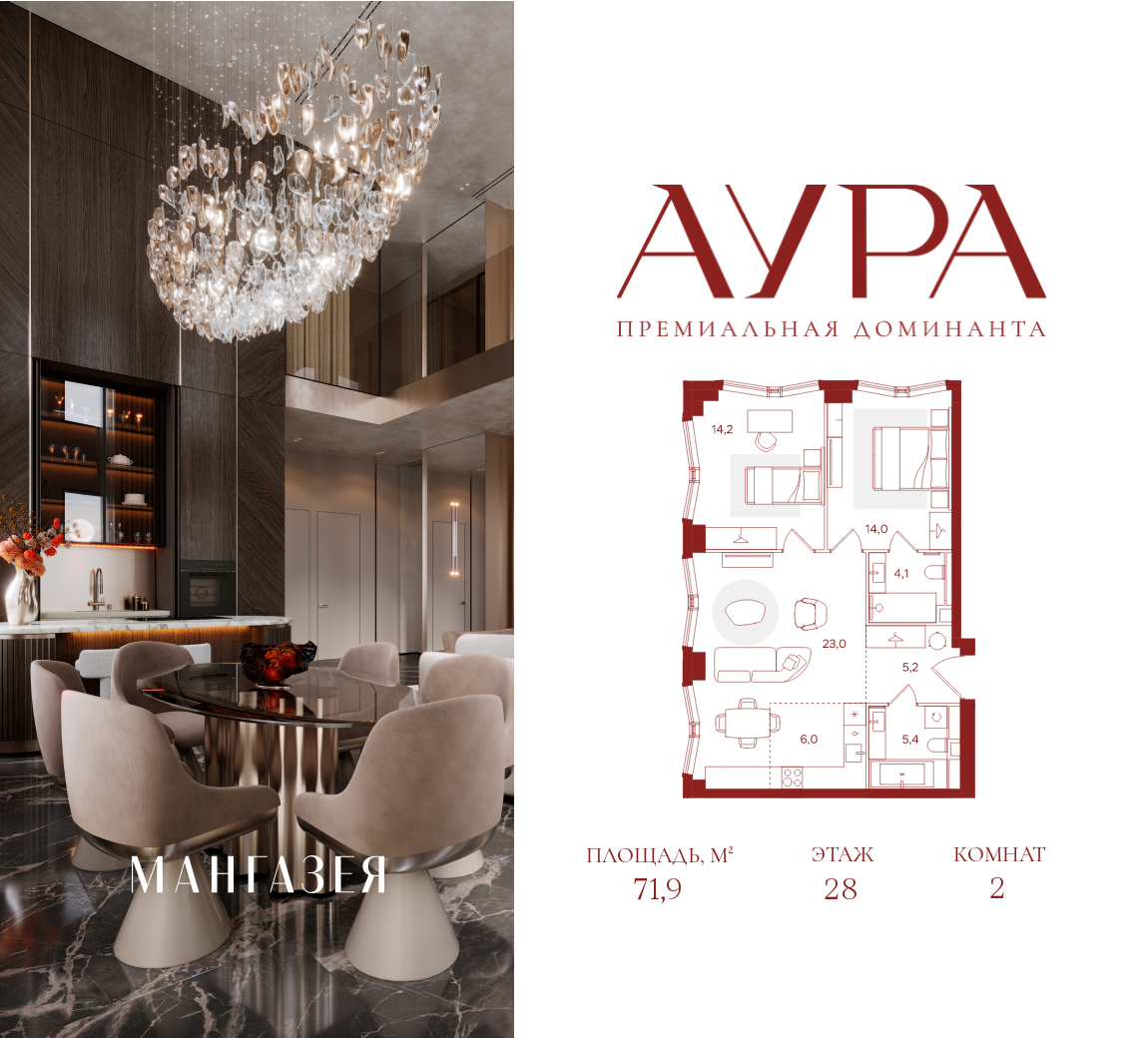 Планировка 2-комнатная квартира в ЖК "АУРА" (Мангазея на Тульской)