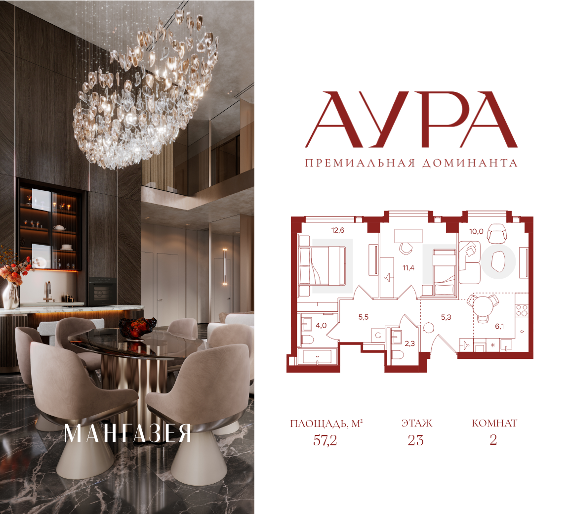 Планировка 2-комнатная квартира в ЖК "АУРА" (Мангазея на Тульской)