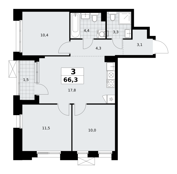 Планировка 3-комнатная квартира в ЖК "Прокшино"