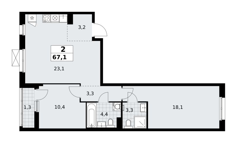 Планировка 2-комнатная квартира в ЖК "Прокшино"