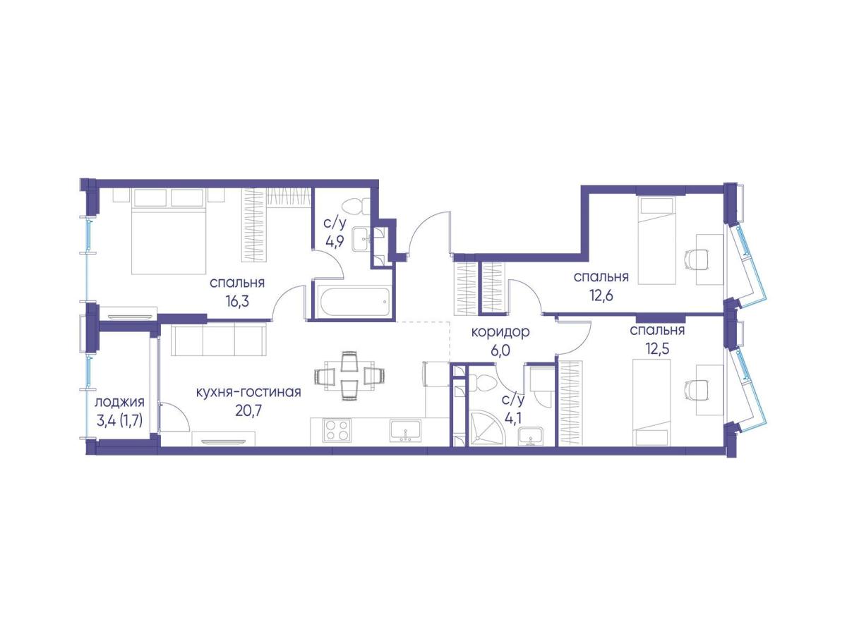 Планировка 3-комнатная квартира в ЖК "Событие"