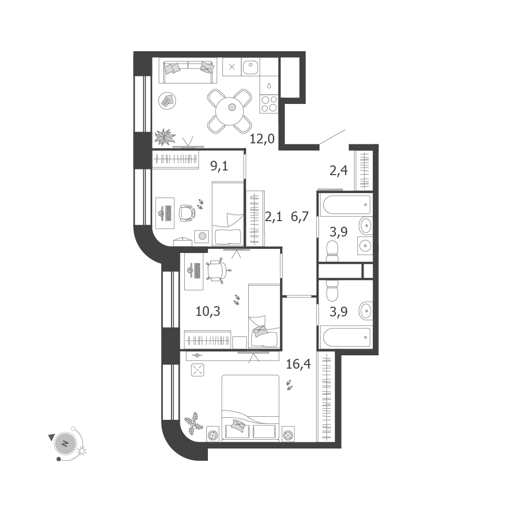 Планировка 3-комнатная квартира в ЖК Shagal (Шагал)