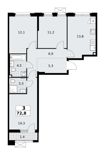 Планировка 3-комнатная квартира в ЖК "Прокшино"