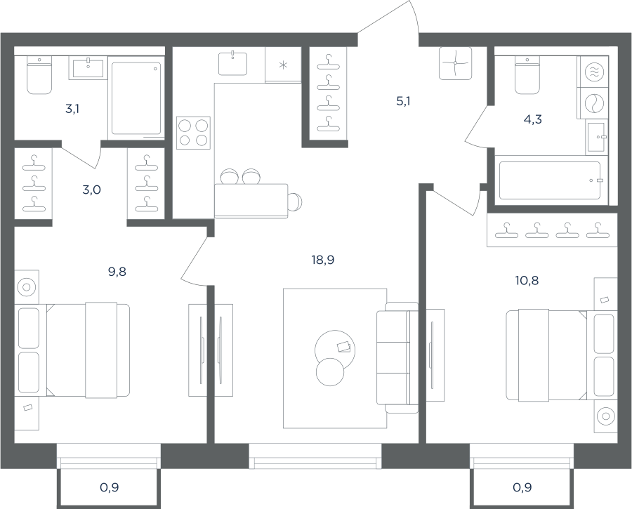 Планировка 2-комнатная квартира в ЖК "Равновесие"