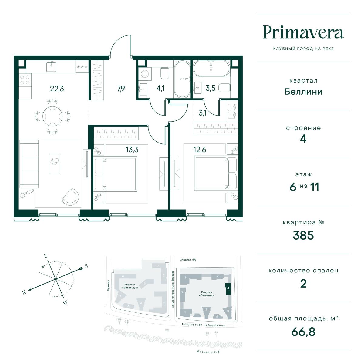 Планировка 2-комнатная квартира в Клубный город на реке Primavera (Примавера)