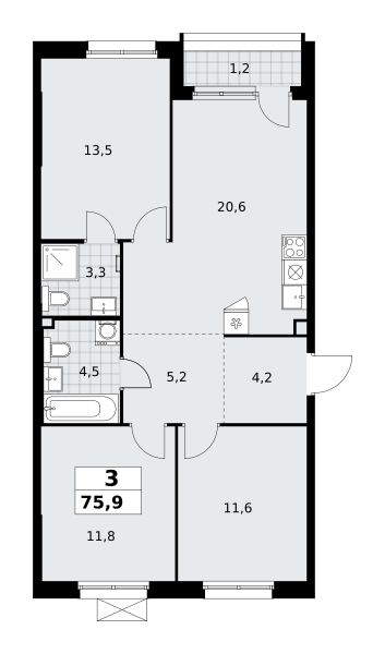 Планировка 3-комнатная квартира в ЖК "Прокшино"