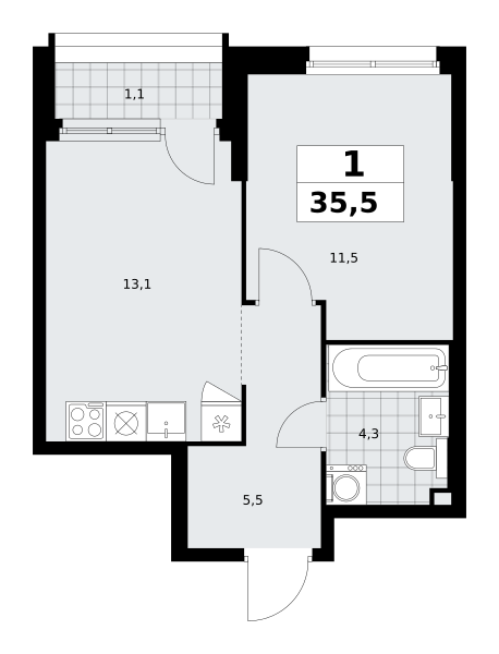 Планировка 1-комнатная квартира в ЖК "Прокшино"