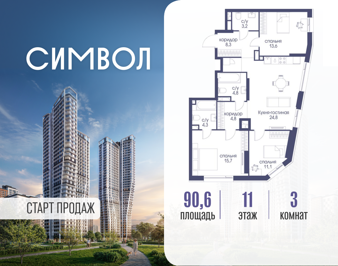 Планировка 3-комнатная квартира в ЖК "Символ"