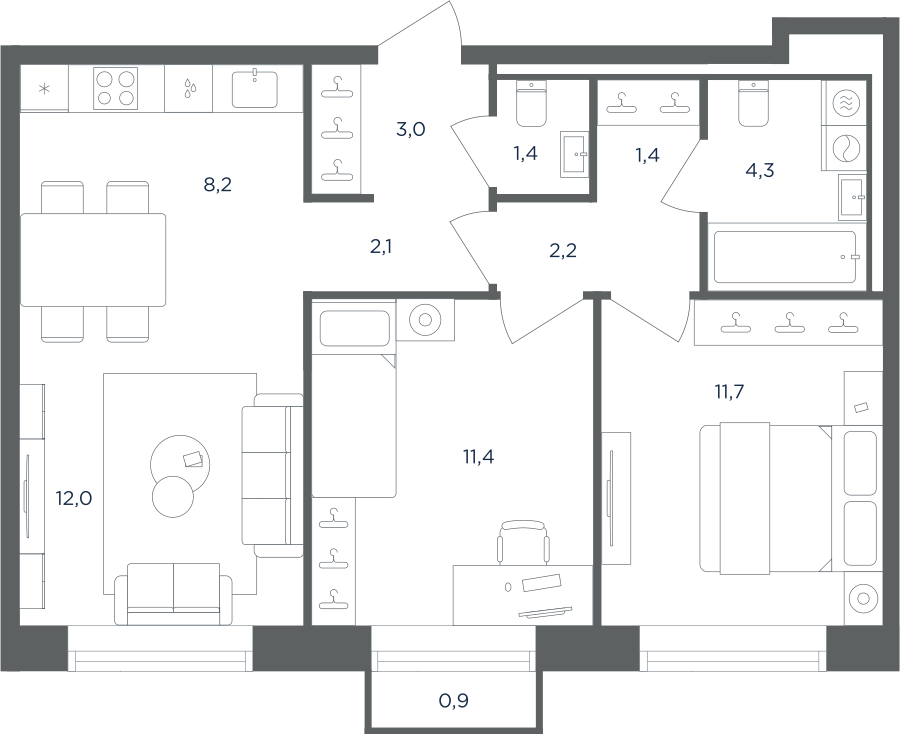 Планировка 3-комнатная квартира в ЖК "Равновесие"