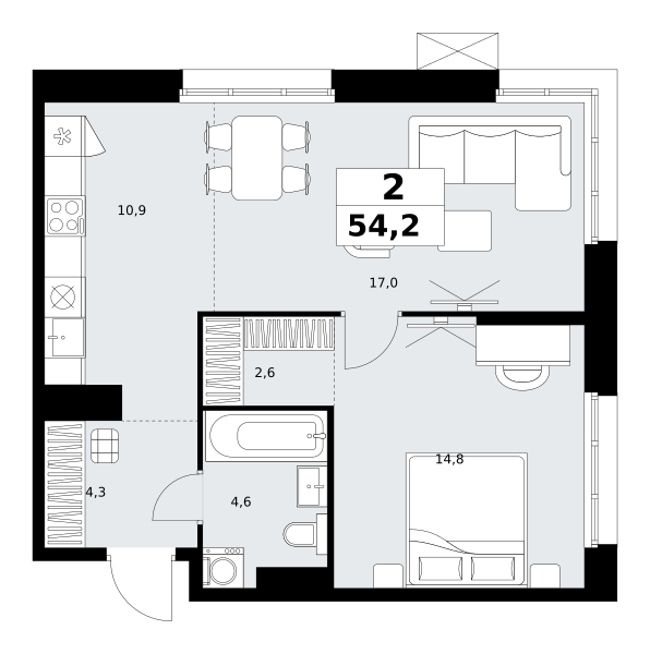 Планировка 2-комнатная квартира в ЖК "Дзен-кварталы"