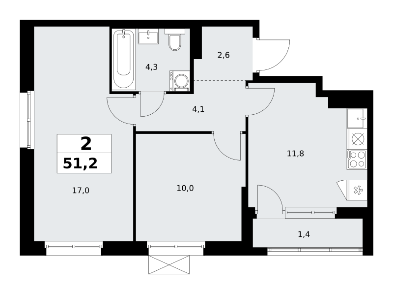 Планировка 2-комнатная квартира в ЖК "Прокшино"