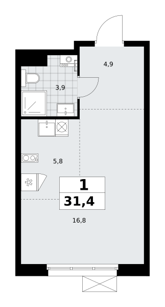 Планировка 1-комнатная квартира в ЖК "Прокшино"