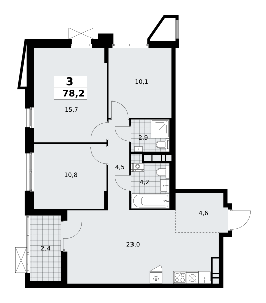 Планировка 3-комнатная квартира в ЖК "Прокшино"