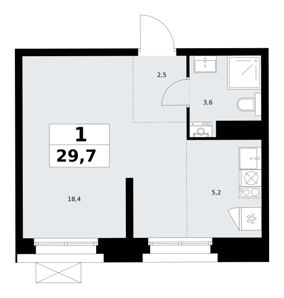 Планировка 1-комнатная квартира в ЖК "Прокшино"