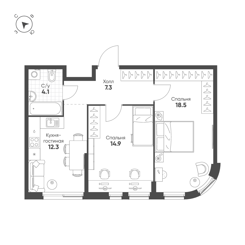 Планировка 2-комнатная квартира в ЖК Shagal (Шагал)