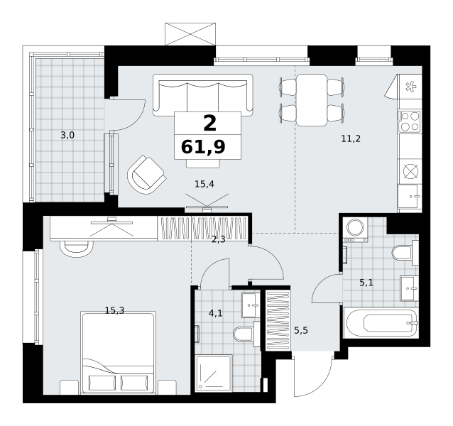 Планировка 2-комнатная квартира в ЖК "Дзен-кварталы"