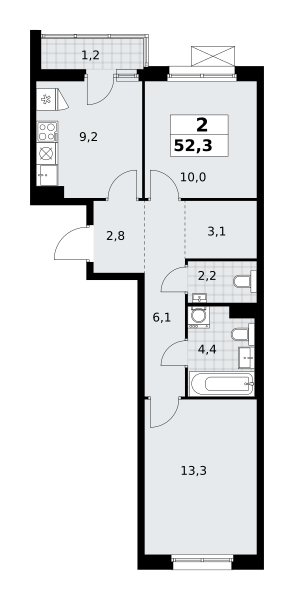 Планировка 2-комнатная квартира в ЖК "Прокшино"