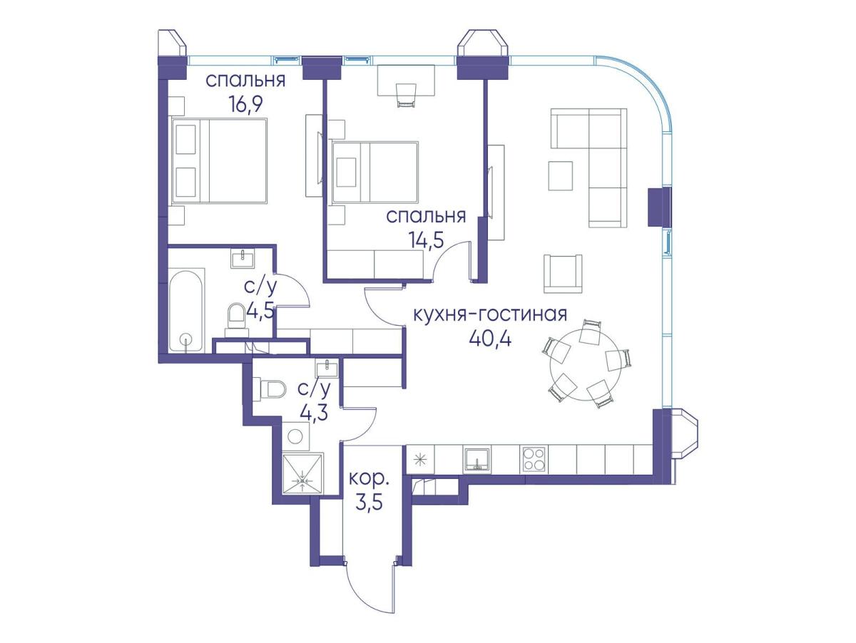 Планировка 1-комнатная квартира в ЖК "Остров"