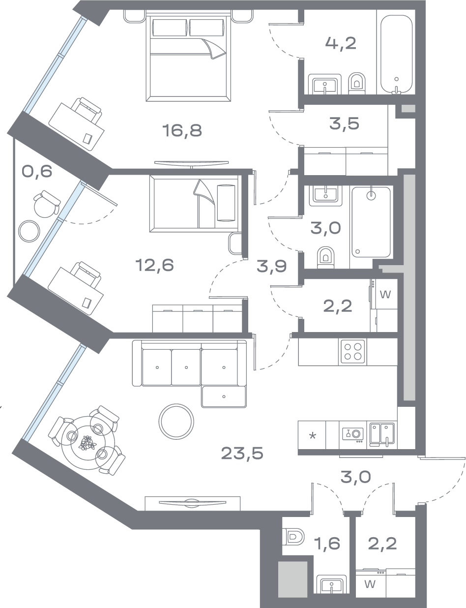 Планировка 2-комнатная квартира в ЖК "Дом Горизонтов"