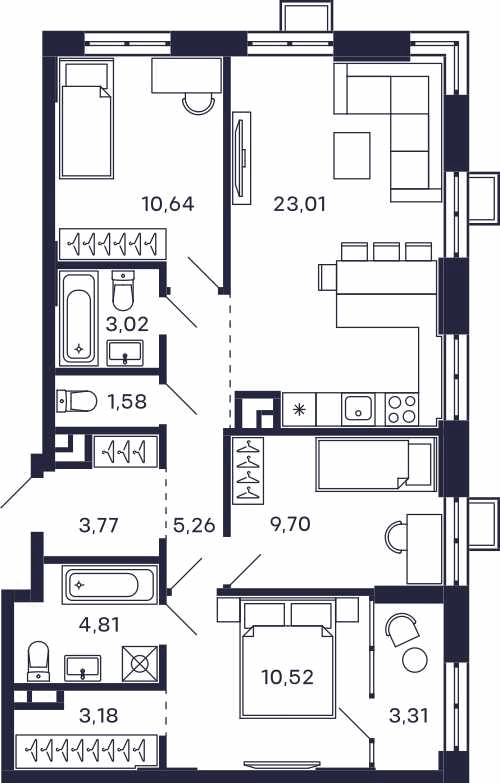 Планировка 3-комнатная квартира в Квартал "Тетрис"