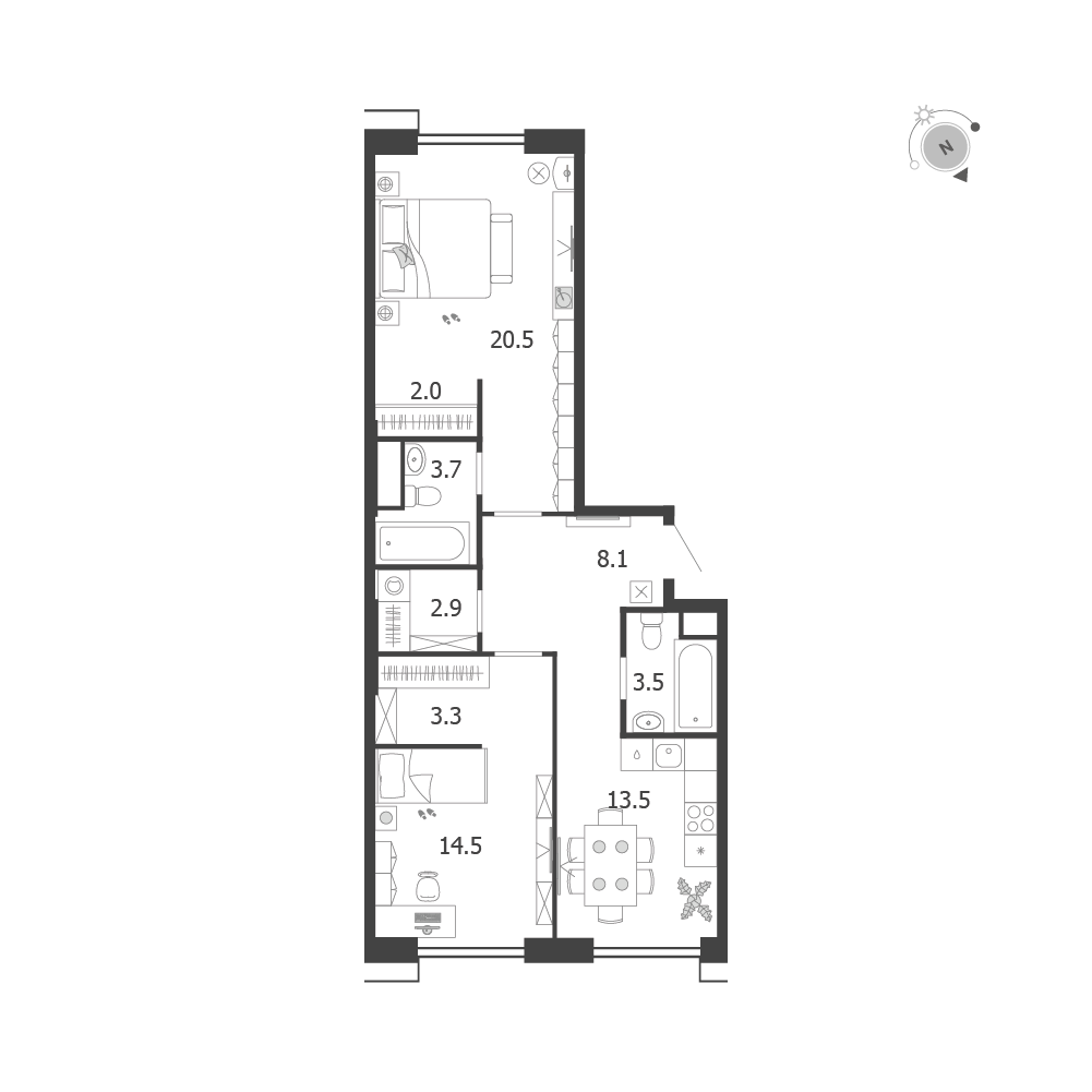 Планировка 2-комнатная квартира в ЖК Voxhall (Воксхолл)