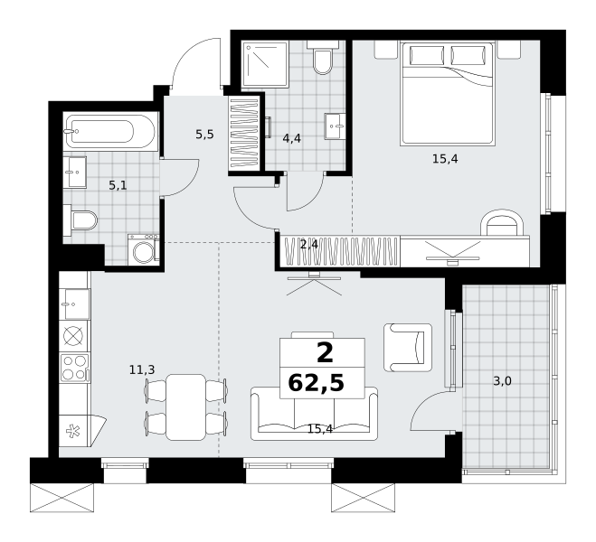 Планировка 2-комнатная квартира в ЖК "Дзен-кварталы"