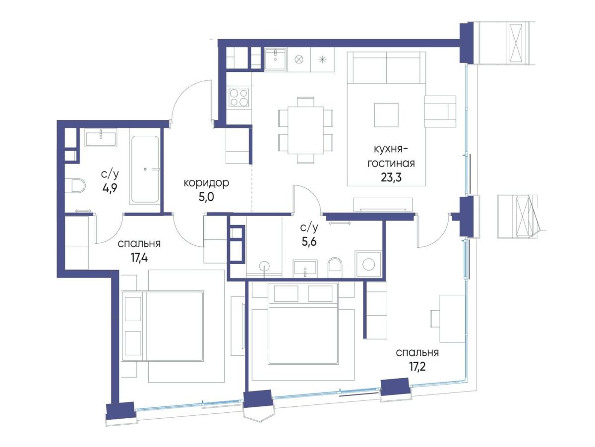 Планировка 2-комнатная квартира в ЖК "Остров"