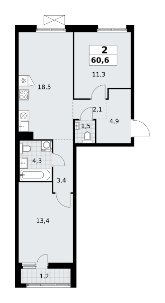 Планировка 2-комнатная квартира в ЖК "Прокшино"