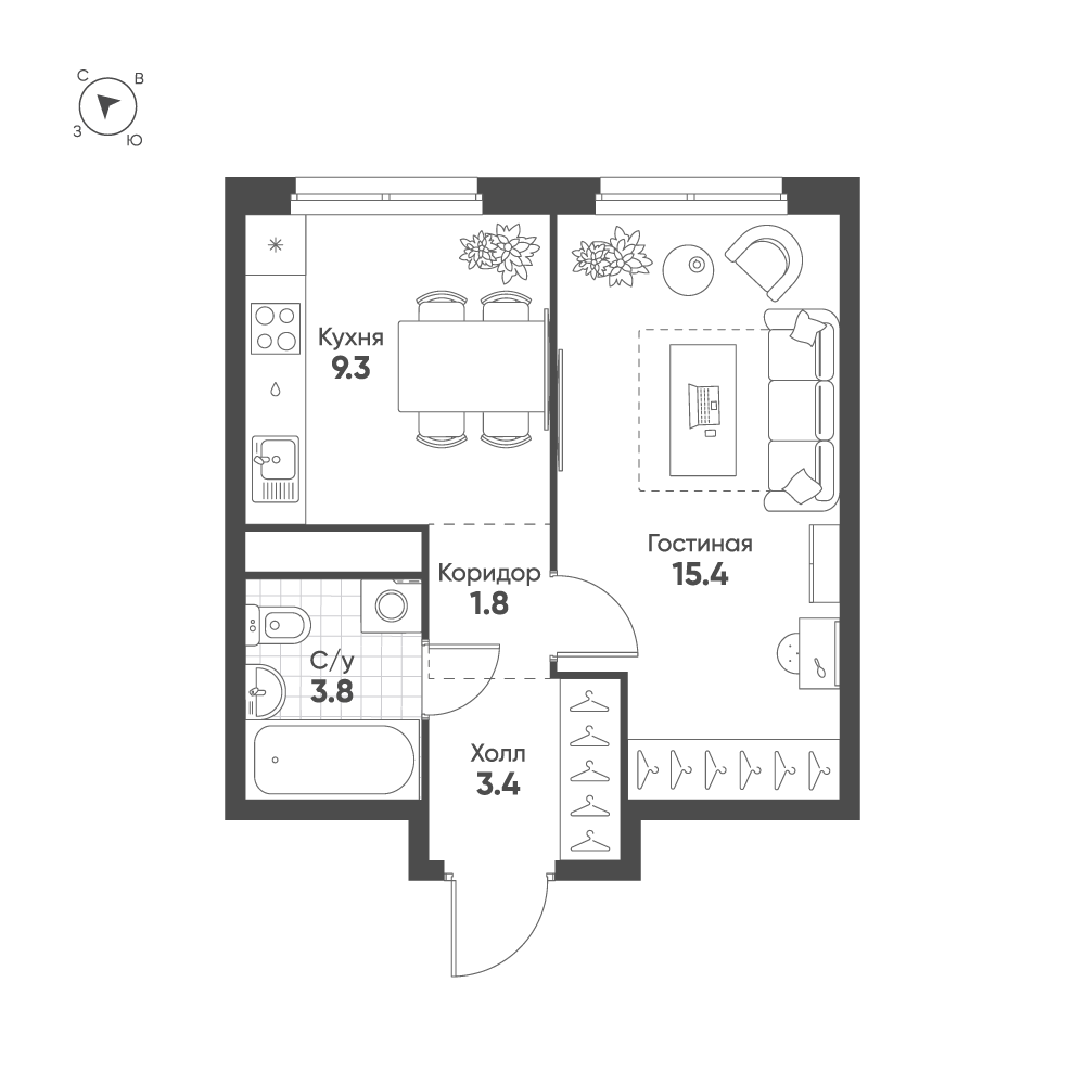 Планировка 1-комнатная квартира в ЖК Shagal (Шагал)