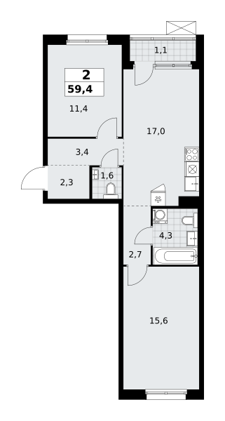 Планировка 2-комнатная квартира в ЖК "Прокшино"