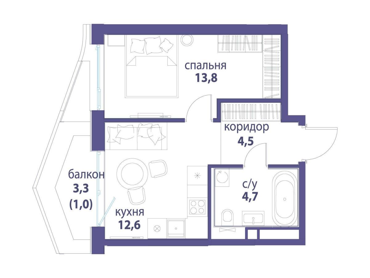 Планировка 1-комнатная квартира в ЖК "Символ"
